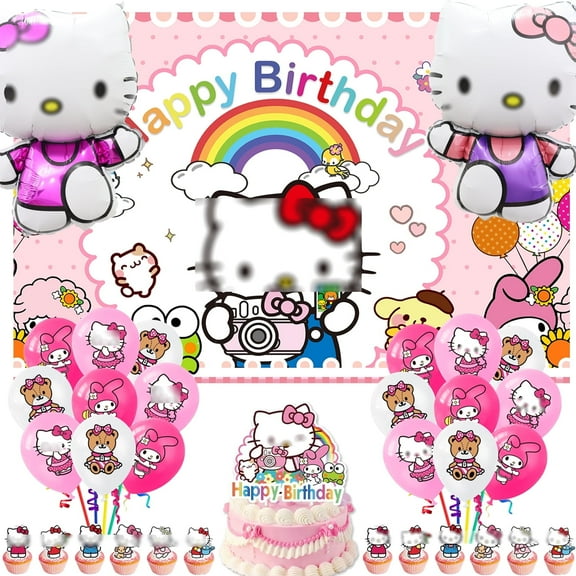 Cartoon hello kitty Birthday Decorations, 46pcs Cartoon Birthday Party Supplies Include Backdrop, Balloons, Foil Balloons, Cake Toppers,Cupcake Toppers
