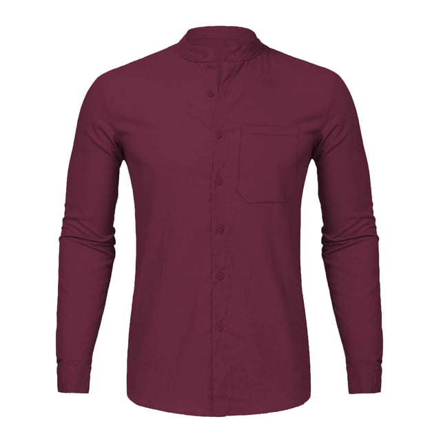 Camisas Para Hombre Camisas casuales de manga larga de algodón y lino con botones para hombre, camisetas de playa con manga enrollable y liso liso (Red, XXL)