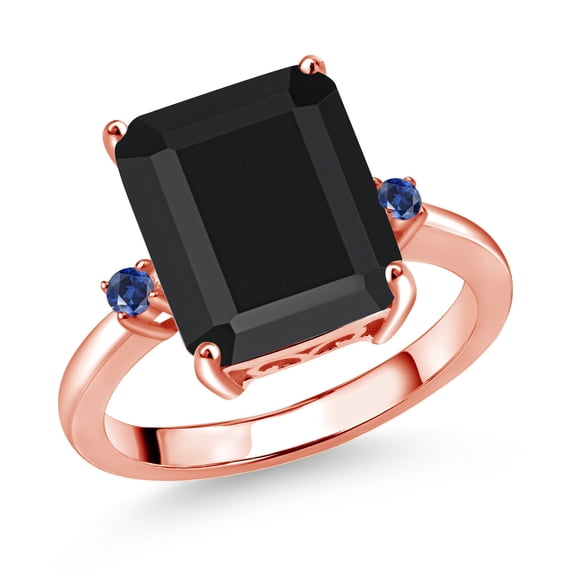 Gem Stone King 18K Rose Gold Plated Silver 12X10MM Black Onyx and 2MM Blue Created Sapphire 3 Stone Engagement Ring for Women | 5.86 Cttw | Gemstone December Birthstone | Size 9