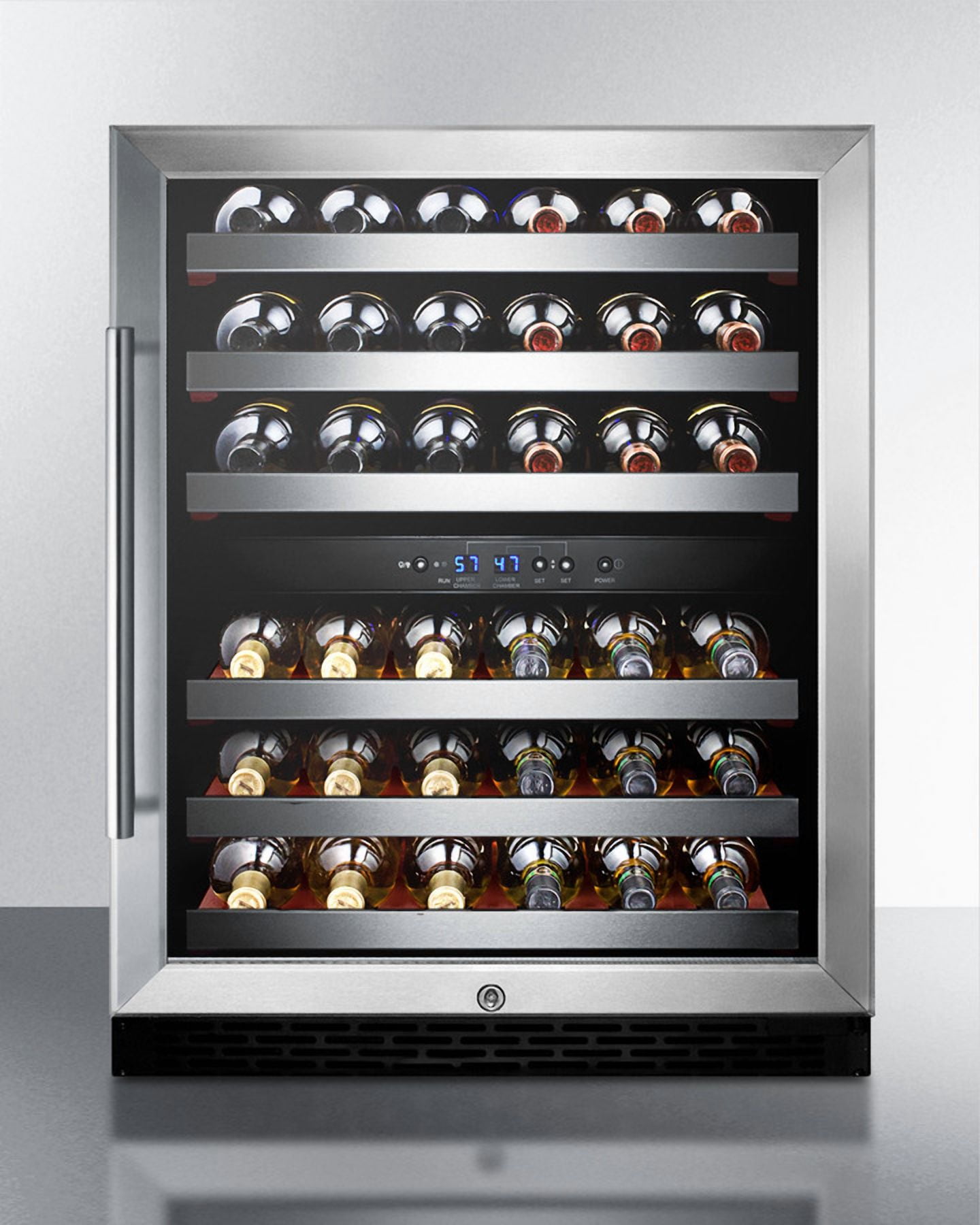 ADA compliant dual zone built-in wine cellar with digital thermostat, stainless steel trimmed shelves and black cabinet