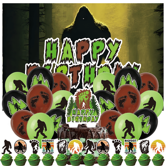 32PCS For Bigfoot Theme Birthday Party Decorations Set with 13 Cupcake Toppers,5*3ft Birthday Backdrop Decorations,18 Balloons,All-in-One Celebration Party Kit Supplies
