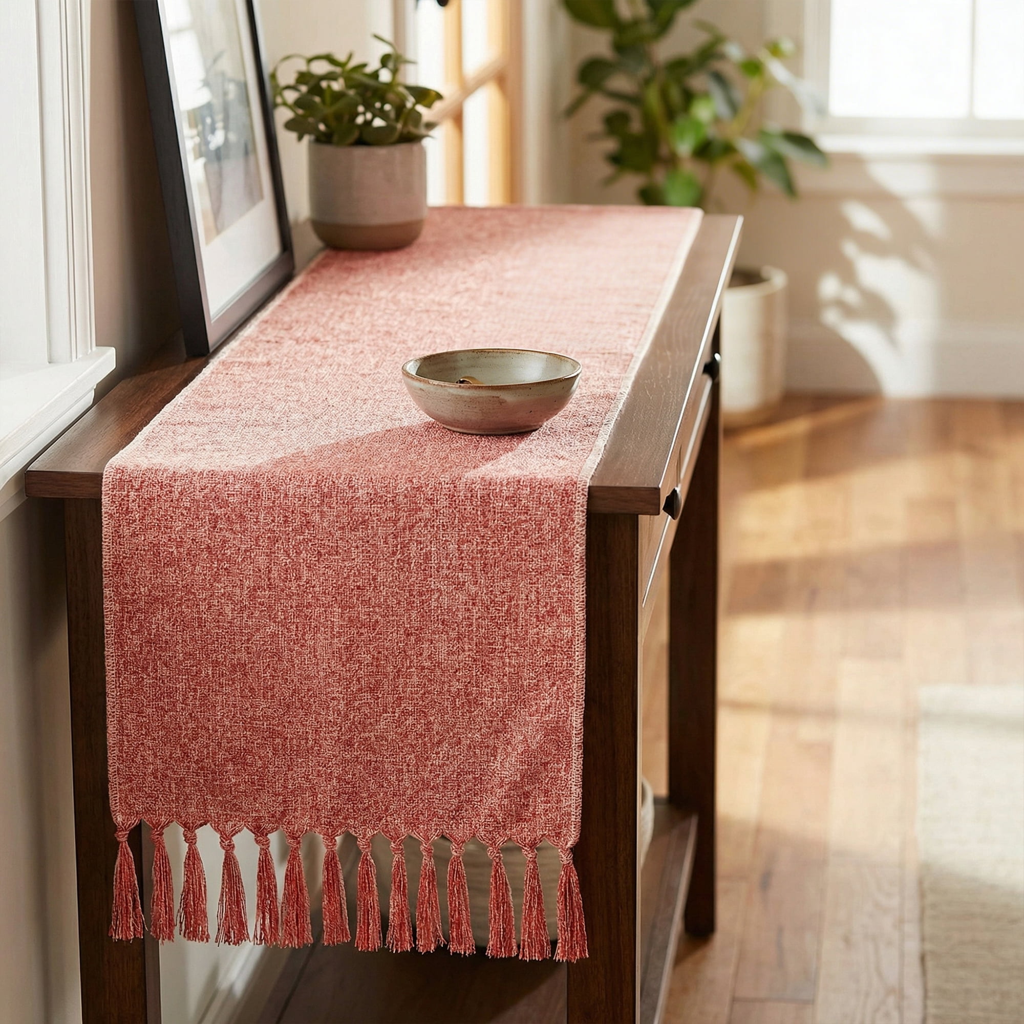 Unique Bargains Birthday Decorations Table Runner with Tassels Pink 13x72in