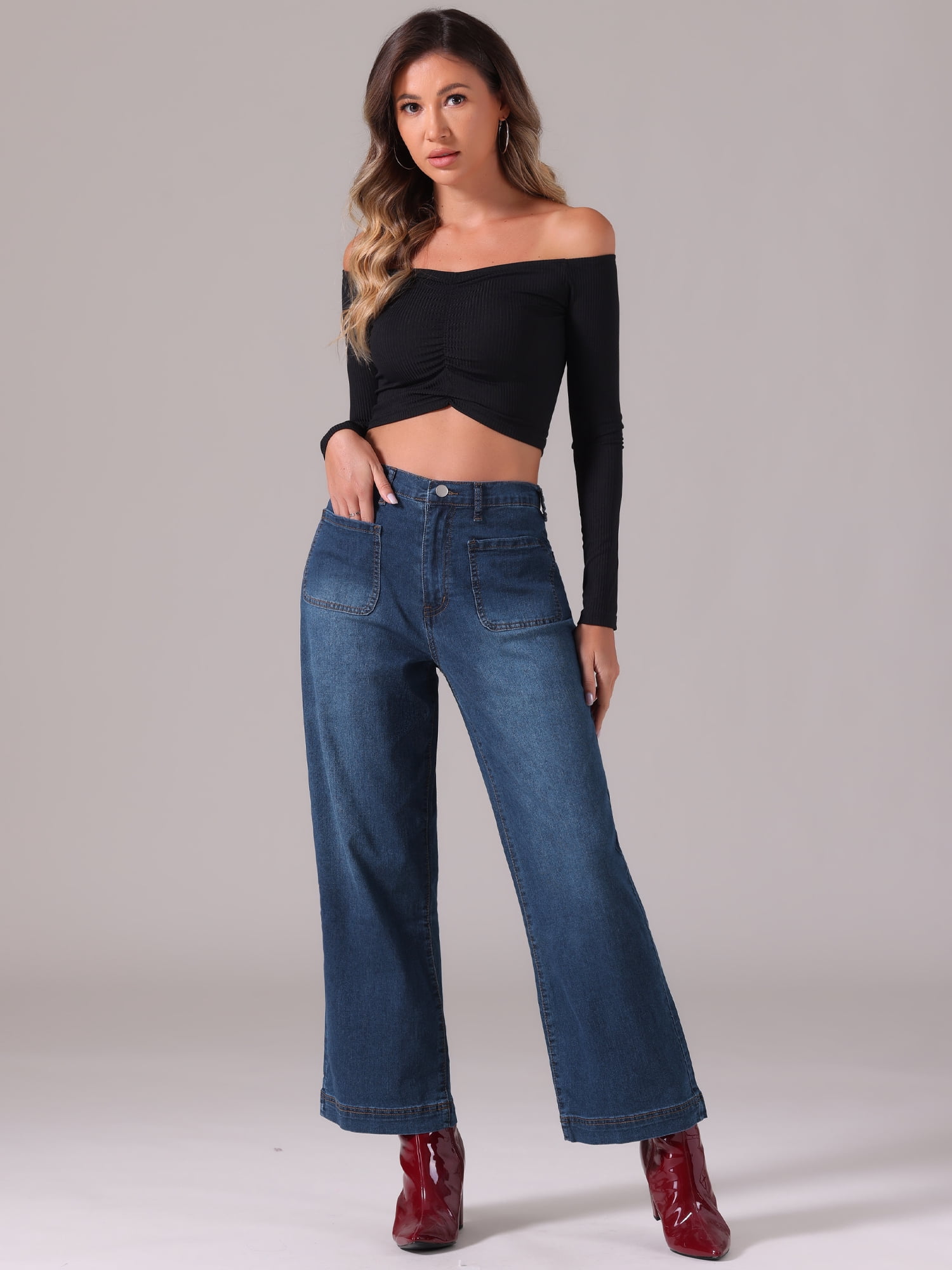 DARING DIVA Women's Wide High Waisted Stretchy Jeans Buttoned Denim Pants S Dark Blue