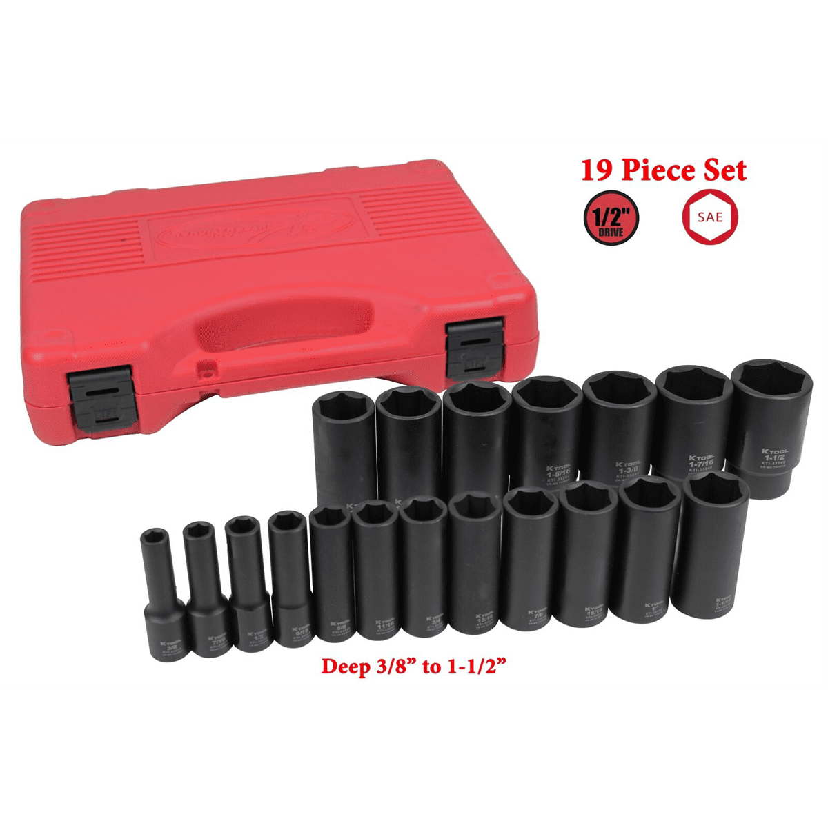 K-Tool 33202 1/2" Drive SAE Deep Impact Socket Set 19pc, Heat Treated Steel