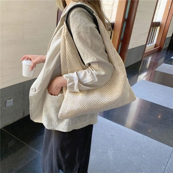 2X Bolsos de Hombro de Mujer de Moda Bolso de Paja Tejido de Mimbre Bolsos de Diseño Bolso de Gran Capacidad Bolso Beige