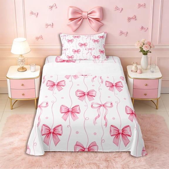 Erosebridal Cute Polka Dots Bowtie Twin Sheet Sets 3pcs for Kids Girls,Cartoon Ribbon Bowknot Stripes Bedding for Teens,Breathable Home Decor
