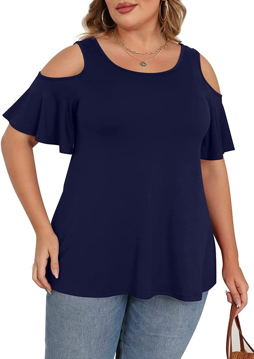 Cueply Plus Size Cold Shoulder Tops For Women Summer Short Sleeve ...