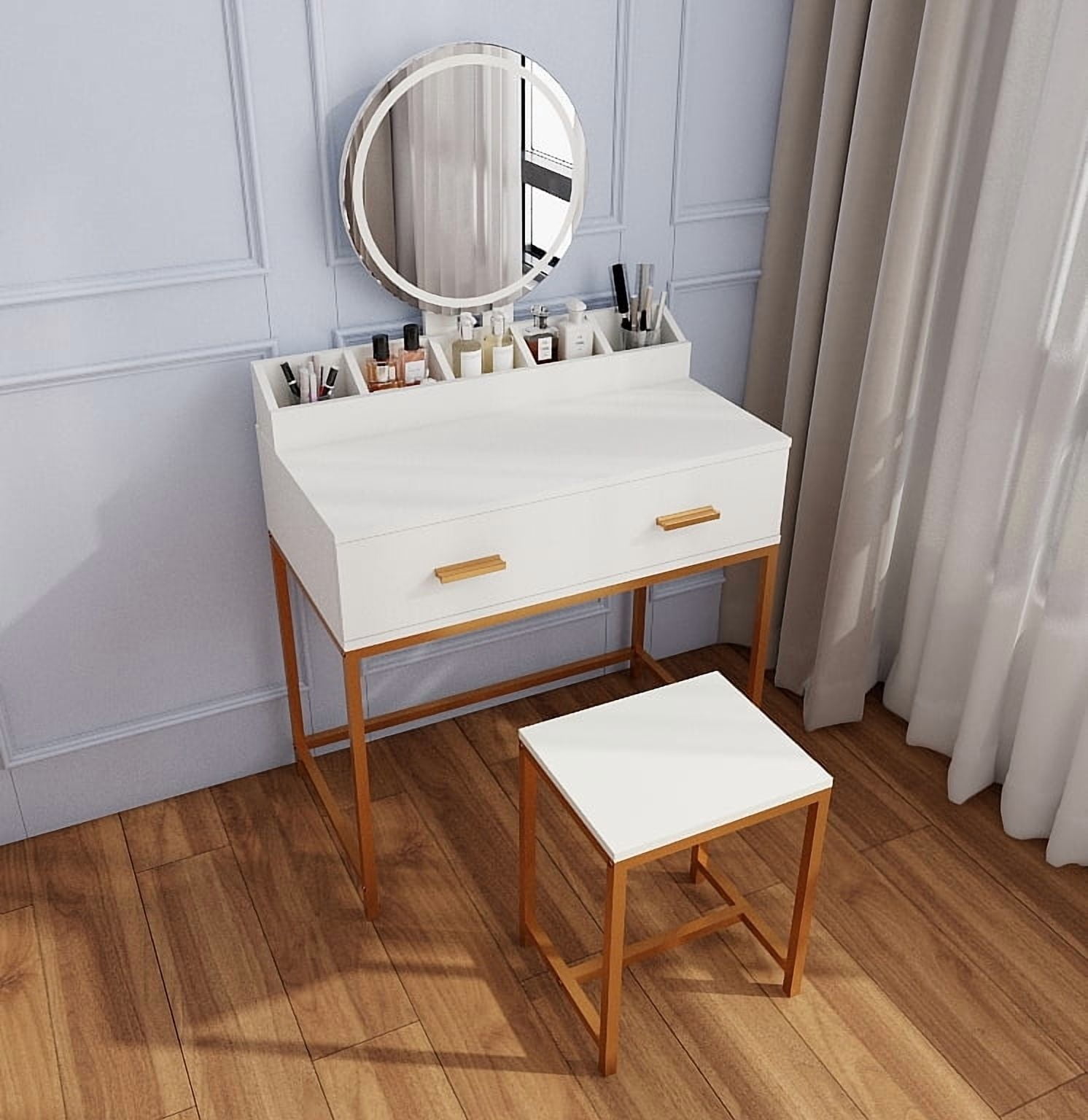 Makeup Vanity Set with Mirror, Stool and Storage Drawers, White and Gold Space-Saving Design for Small Bedrooms, 31.5"x18.5"x53.5"