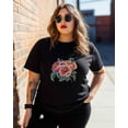 thumbnail image 3 of T Shirts for Women Short Sleeve Cotton Crewneck T-Shirt, Peony Flowers Embroidered Tee Tops Casual Basic T-Shirts, XS-5XL Black XXL, 3 of 7