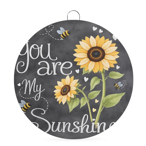 Welcome Sign for Front Door, You Are My Sunshine 8 Inch Round Metal Sign for Home Decoration, Yellow Sunflowers Cute Bees Heart Dark Gray Decorative Wall Signs for Holiday Party Supplies Decor