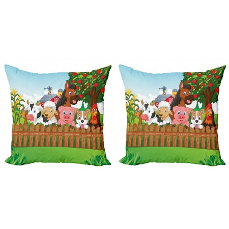 Cartoon Throw Pillow Cushion Cover Pack of 2, Composition Farm Animals on Fence Comic Mascots Dog Cow Horse Kids Design, Zippered Double-Side Digital Print, 4 Sizes, Multicolor, by Ambesonne