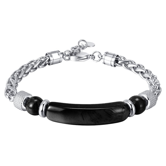PAMTIER Men's Curved Stone Bar Woven Chain Link Bracelet Stainless Steel Industrial Knurled Bead Accent Adjustable Chunky Wristband Trendy Everyday Jewelry Black
