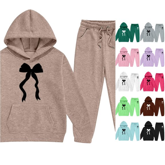 WAYUTE Elegant Kids Bow Tie Print Long Sleeve Hoodies and Pants for Girls Playful Party Outfits Comfortable Design Clothes Sets Casual Outdoor,Khaki,Size 8-9 Y