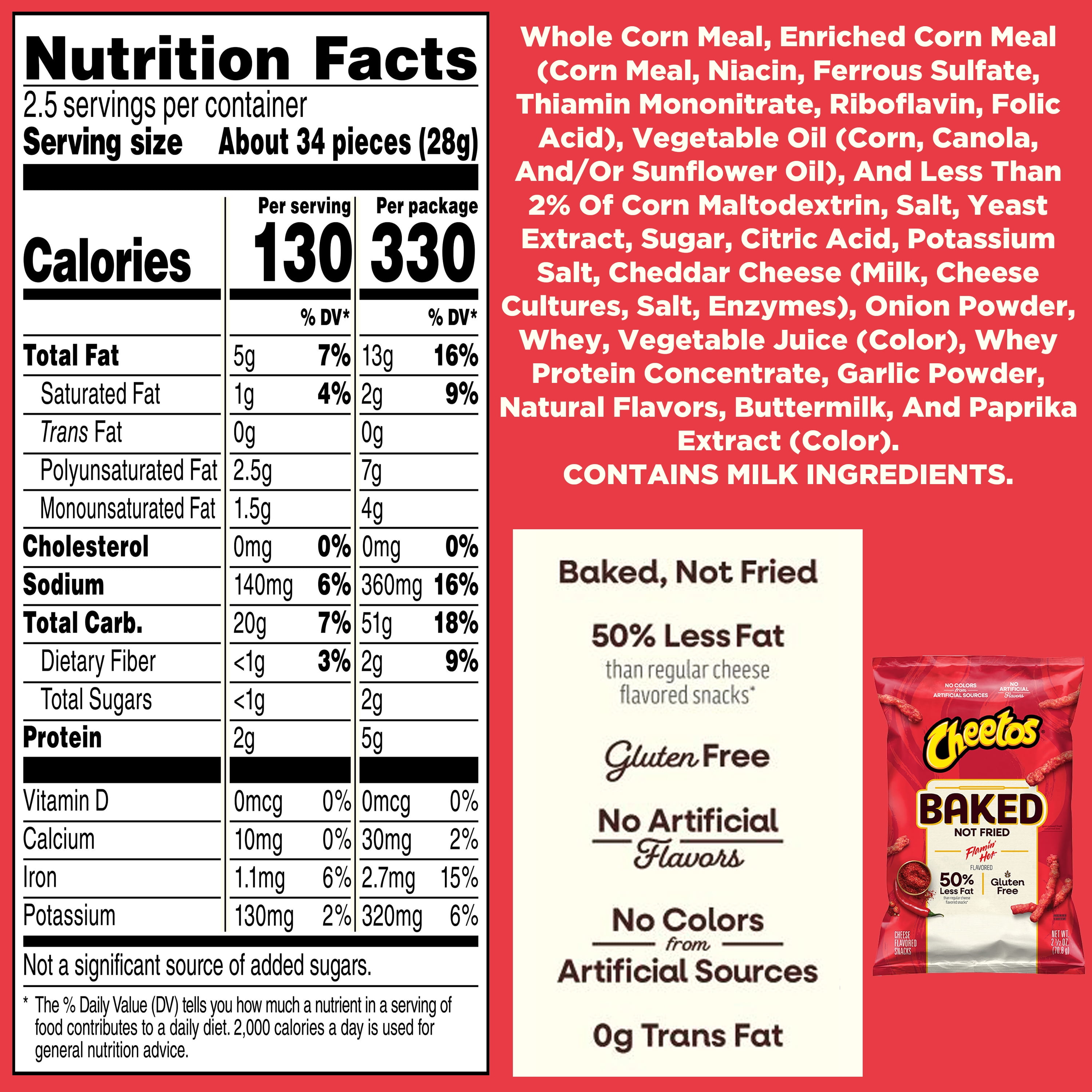 Baked Cheetos Crunchy 50% Less Fat Flamin’ Hot Cheese Flavored Snacks Bag, 2.5 oz
