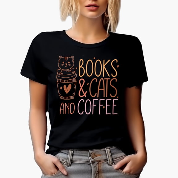Books & Cats and Coffee feat. a Cute Cat in a Cup Art Merch Gift, Black T-Shirt, Small