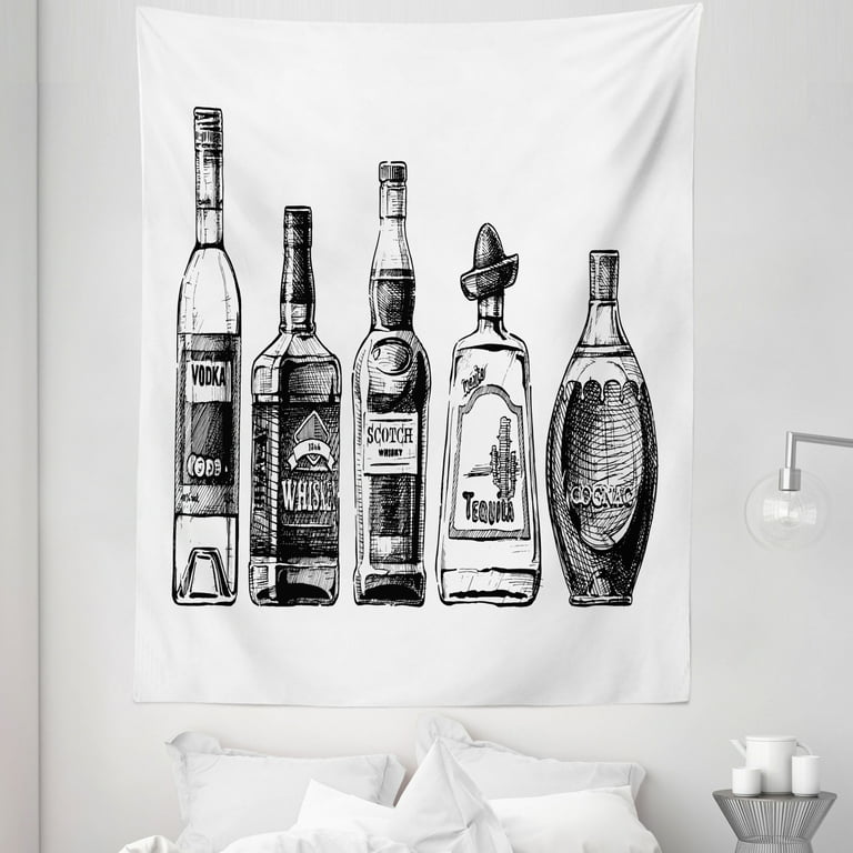 Alcohol Tapestry Ink Drawing Style Bottles of Strong Alcohol Composition Distilled Beverages Fabric Wall Hanging Decor for Bedroom Living Room Dorm 5 Sizes Black and White by Ambesonne Walmart