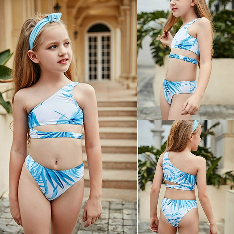 Fesfesfes Teen Girls Holiday Cute Bikini Sets Children Girls Swimwear One  Shoulder Hollow Out Two Piece Swimsuit Printed Swim Pool Beach Wear Bathing  Suit 6-12 Years 