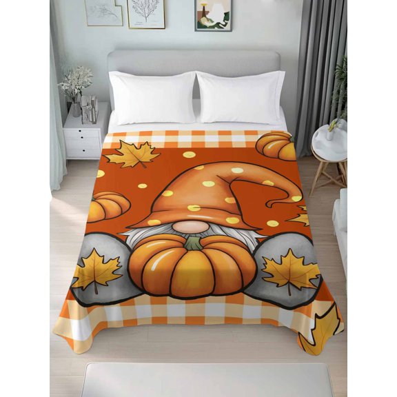 Queen Flat Sheet Only Autumn Harvest Gnome Pumpkin Soft Microfiber Cooling Bedding Sheets Thanksgiving Maple Leaves Orange Flat Bed Sheet for Hotel,Home Decor