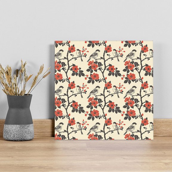 Red Spring Floral Wall Art Painting on Canvas, Vintage Birds Summer Botanical Canvas Art Home Prints Wall Art Framed Modern Artwork for Living Room Bedroom Wall Decor 8x8in