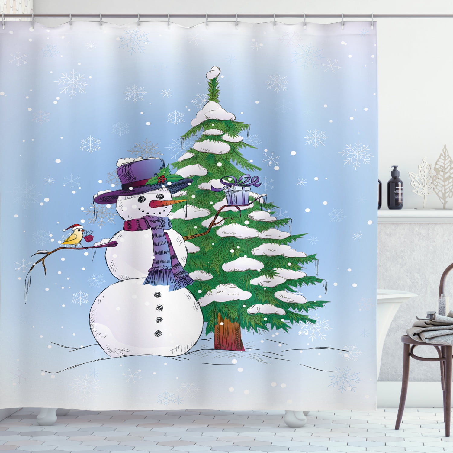 Christmas Tree Baubles Santa Claus Snowman Waterproof Fabric Shower Curtain Set 