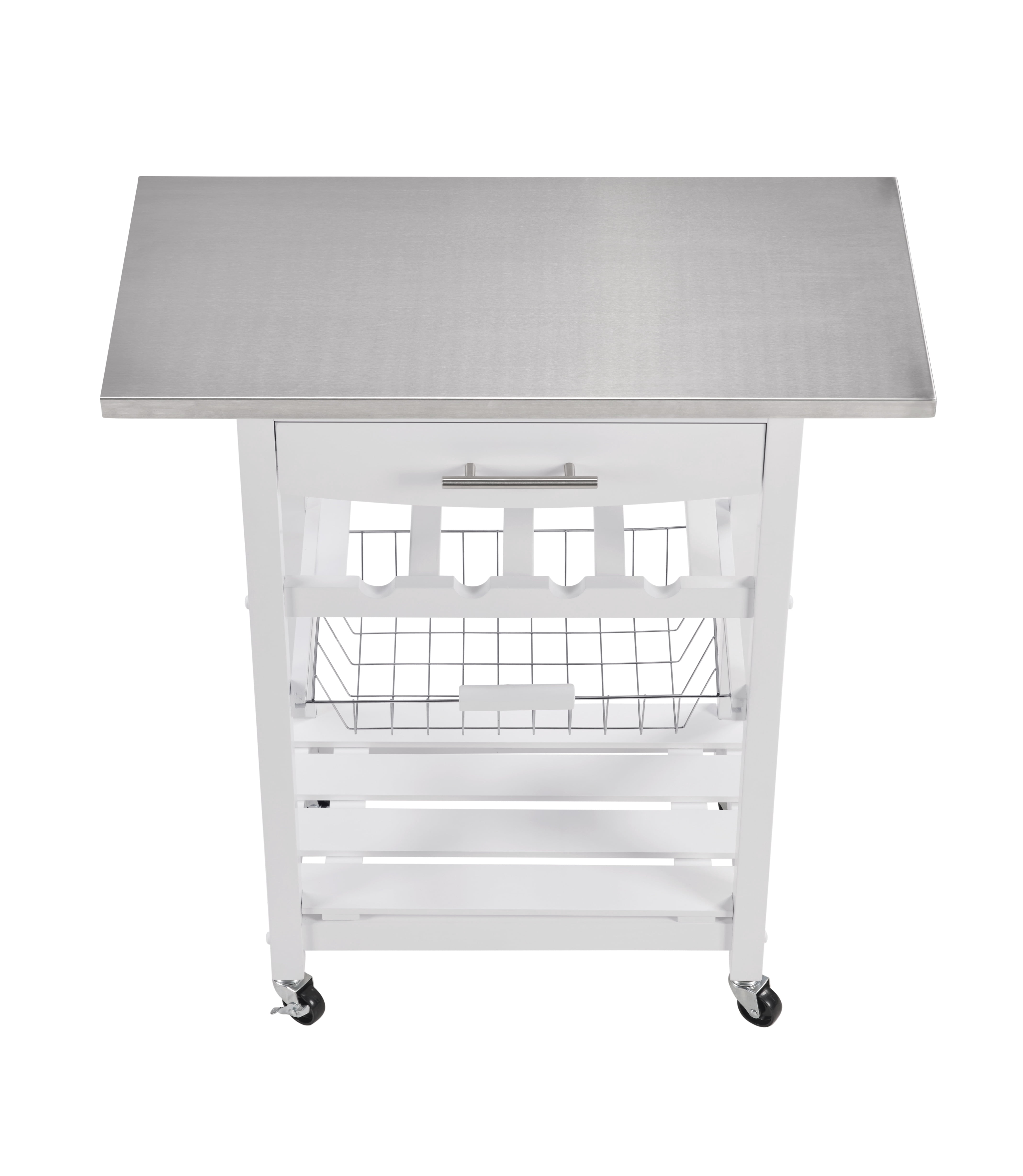 MAYEERTY Mobile Rolling Kitchen Island with Stainless Steel Work Surface, Drawer & Storage Basket