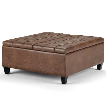 Simpli Home - Harrison 36 inch Wide Transitional Square Coffee Table Storage Ottoman in Faux Leather - Distressed Umber Brown