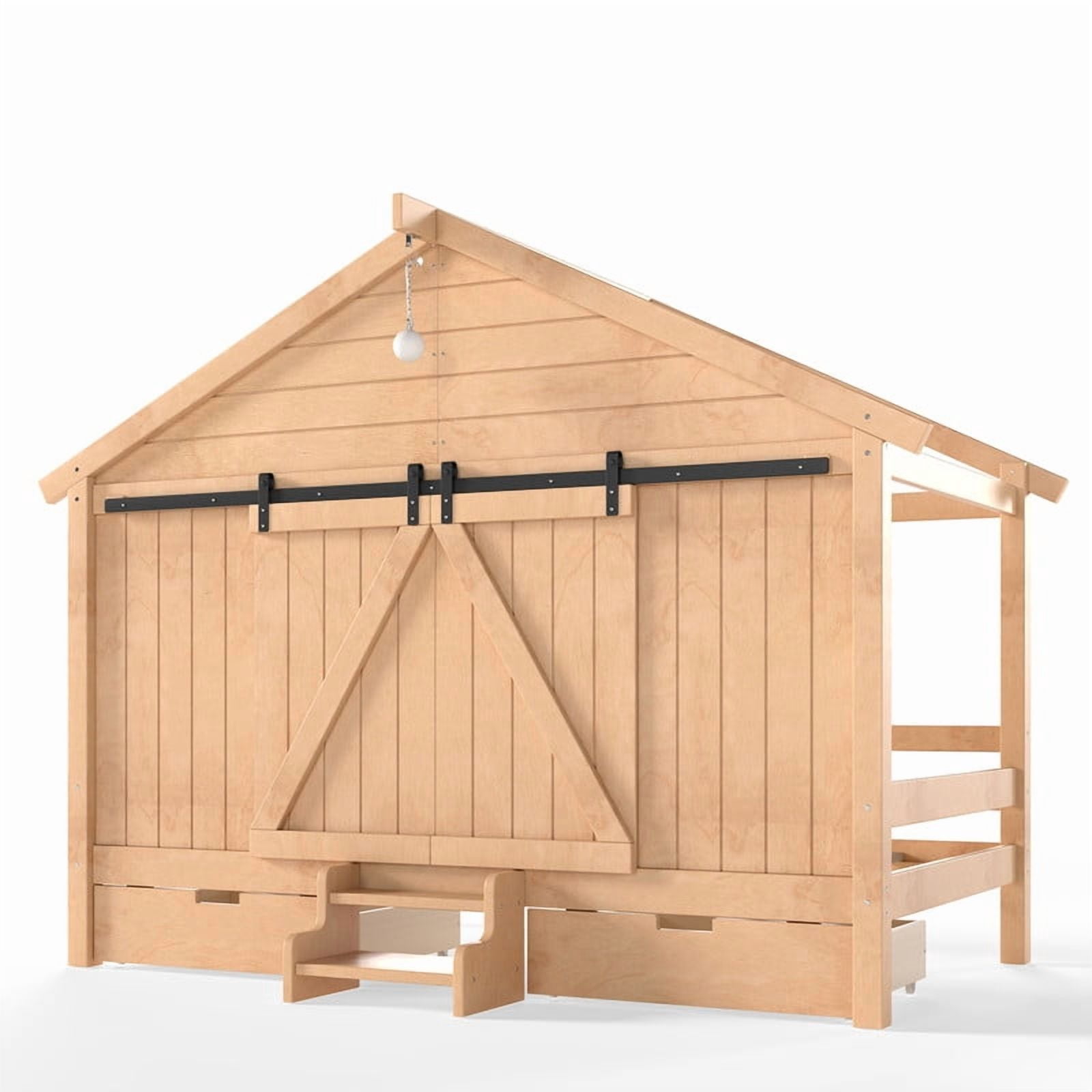 Twin Size Farmhouse House Bed with Sliding Barn Doors & Light Bulb, Wood Kid's Platform Bed Frame with Stair & Drawers