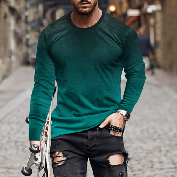 Blusas y camisas de manga larga con cuello redondo para hombre, blusa informal de manga larga con cuello redondo y estampado, blusa de poliéster para hombre