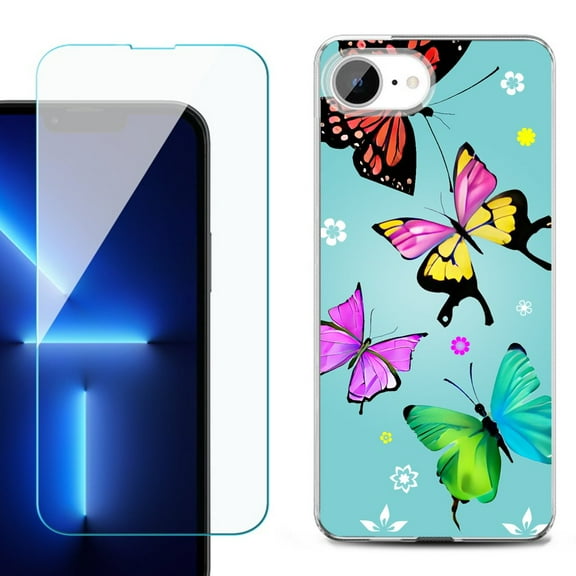 For For iPhone 16e Phone Case Cover, Shockproof Case with Tempered Glass Screen Protector, by OneToughShield - Butterfly