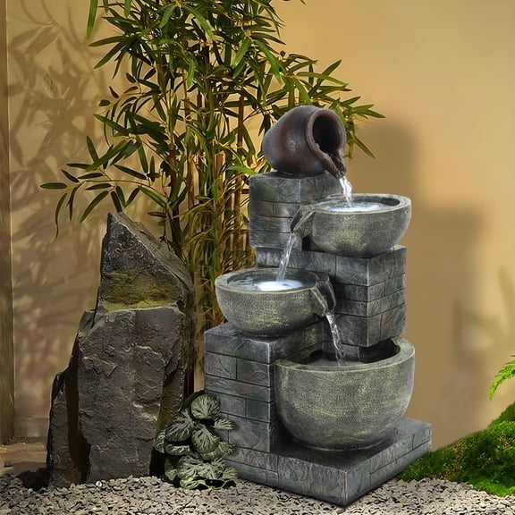 Eisoary 4-Tiers Outdoor Garden Water Fountain, Cascading Bowls and Stacked Stones Outdoor Water Fountain, Outside Patio Water Features Fountain with LED Light, without Atomizer _Multicolor