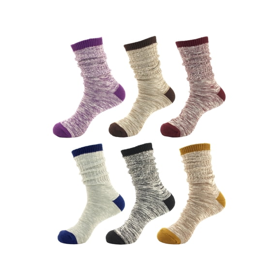 Women's Vintage Style Slouch Boot Cotton Fall Winter Crew Socks - 6 Pairs (Asst A)