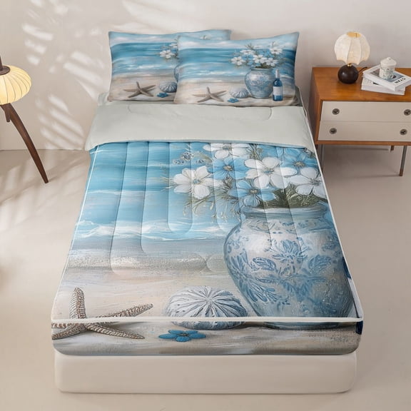 Homewish Beach Theme Zipper Twin Comforter Sets with Fitted Sheet and 2 Pillowcases For Girls,Ocean Starfish Zipper Bedding Set,Light gray Reversible,4 Pieces