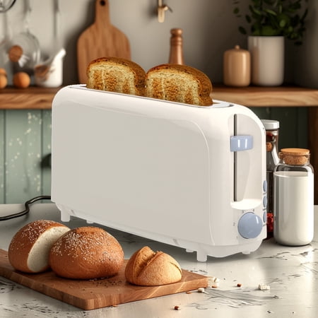 Slim 2-Slice Toaster 10 Long Slot 6 Shade Settings with Cancel Reheat & Defrost Auto Shut off Removable Crumb Tray,White