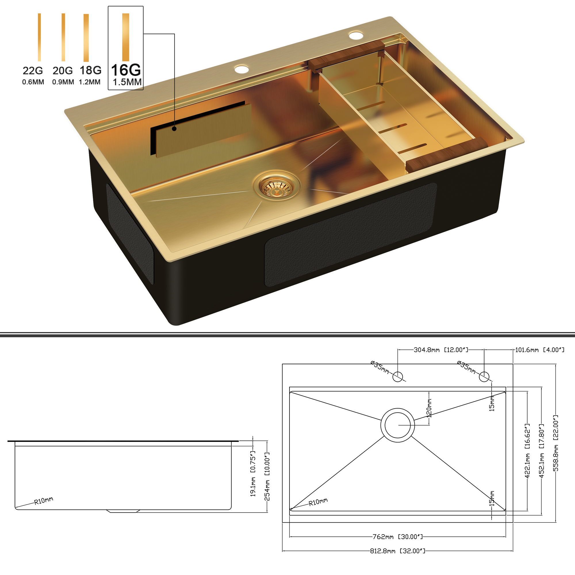 STARSTAR Gold Matte Stainless Steel Kitchen Sink - 15x15x9 Inch Single Bowl Topmount, With Accessories