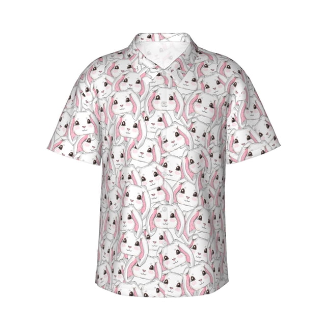 Fotbe Cute Rabbit Camisa Hawaiana para Hombre Unisex – Camisa Casual de Verano con Botones de Manga Corta de Algodón y Lino,Small