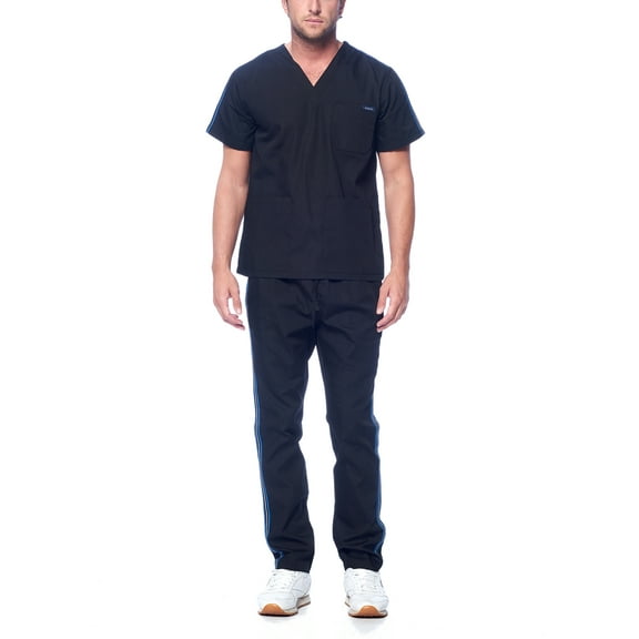 Dagacci Medical Uniform Unisex Men and Women V-Neck Top Straight Pants Athletic Trim Cotton Scrub Set (Black,M)