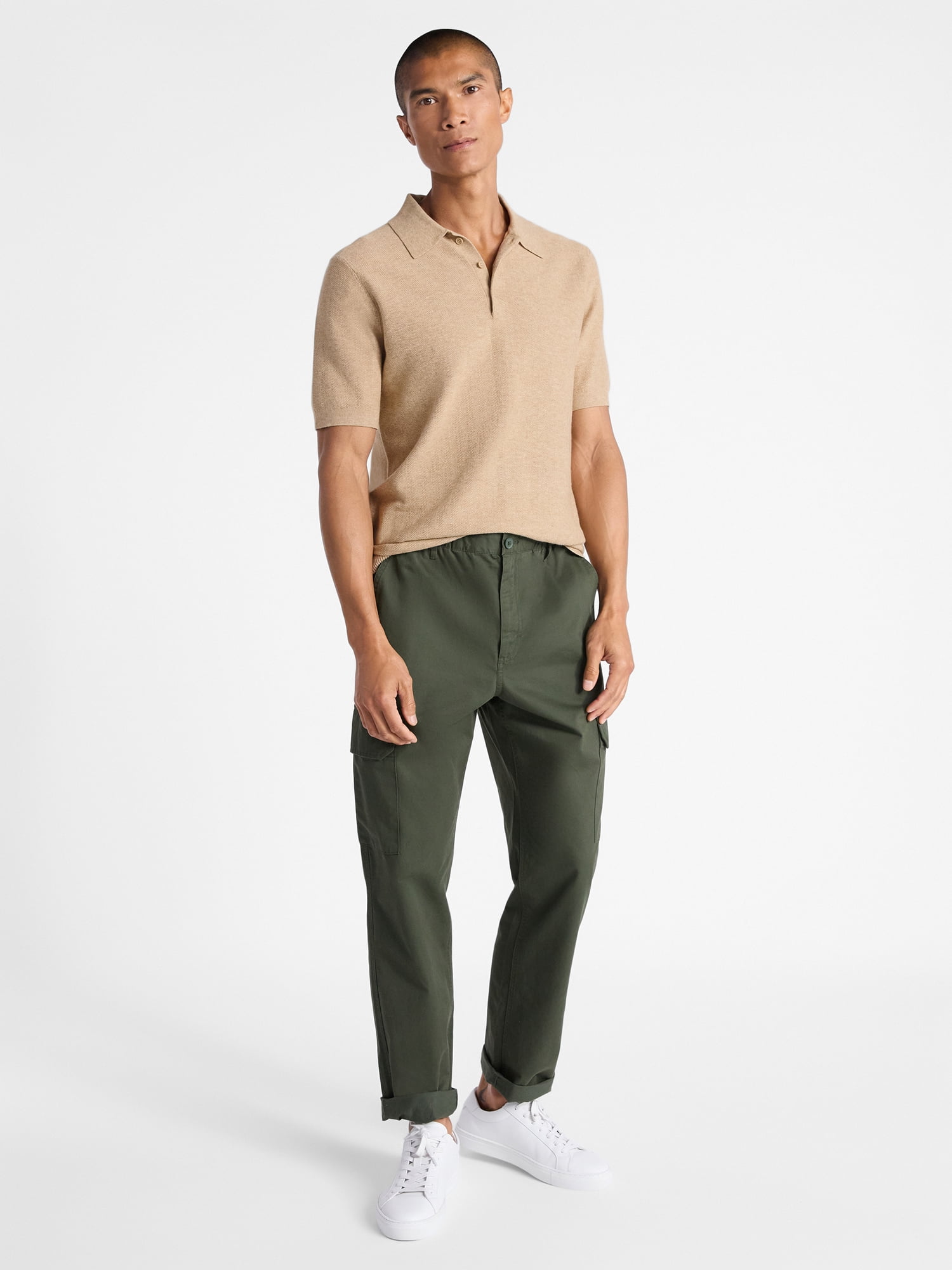 Free Assembly Men's Cozy Yarn Herringbone Polo Sweater with Short Sleeves, Sizes S-3XL