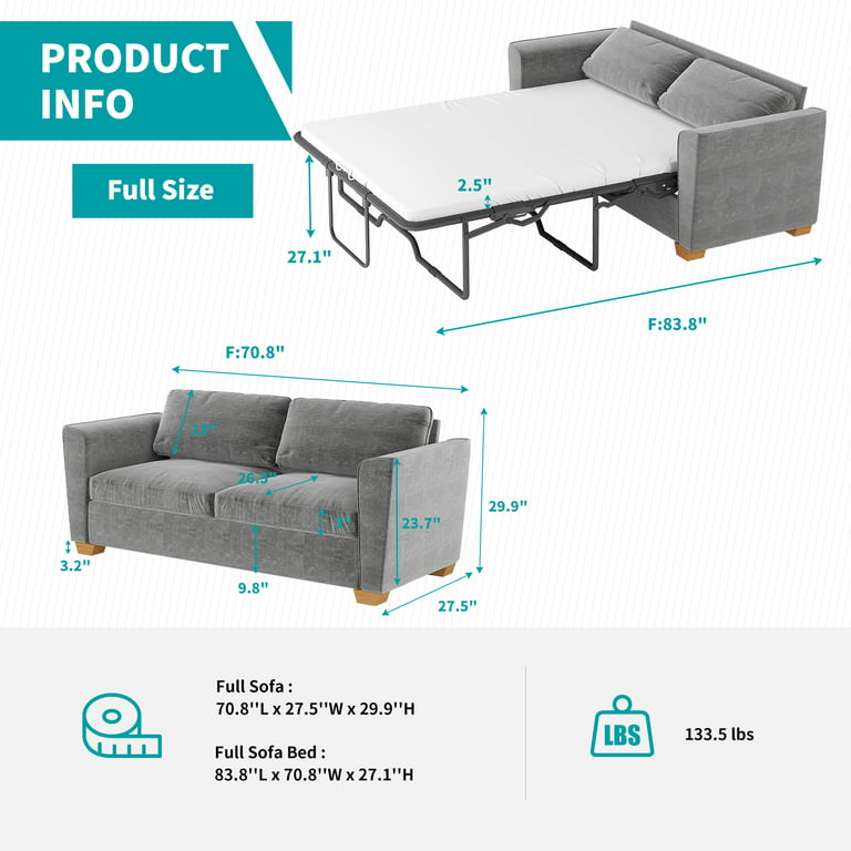 Muzz Full Size Pull Out Sofa Bed Velvet Couvh With Sleeper Couch Foam Mattress 2 In 1 For Living Room Apartment Small Es Grey Com