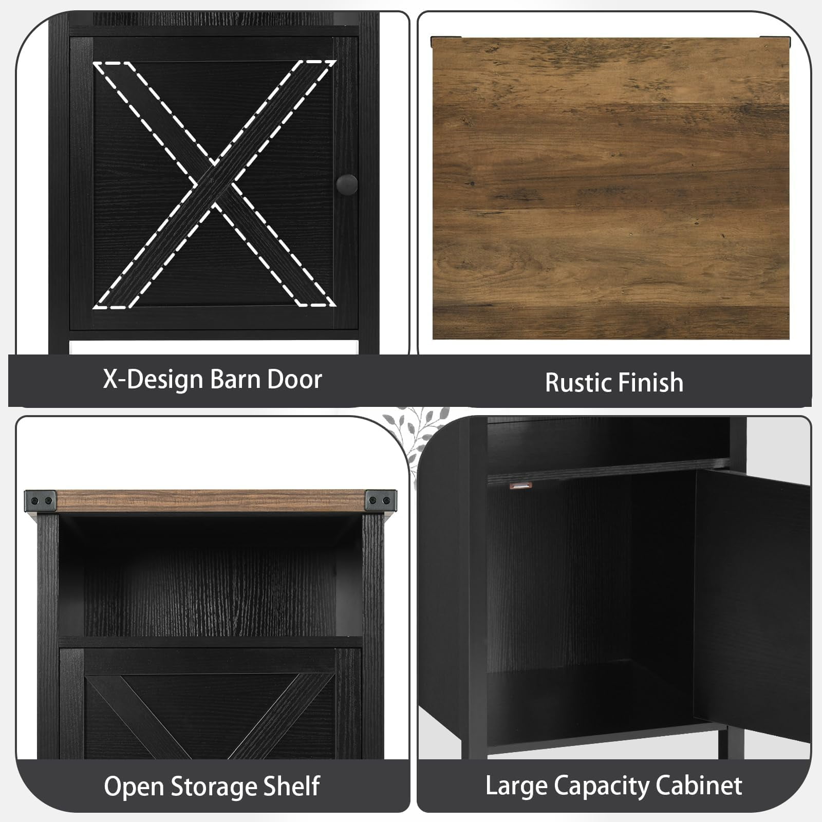 4 EVER WINNER Industrial Barn Door Side Table Set of 2, Black End Table with Barn Door Storage, Bedside Table for Bedroom Living Room