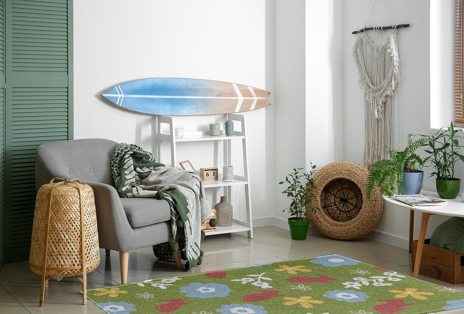 4' x 6' Simply Daisy Flowery Love with Bunnies Traditional Chenille Area Rug, Apple Green
