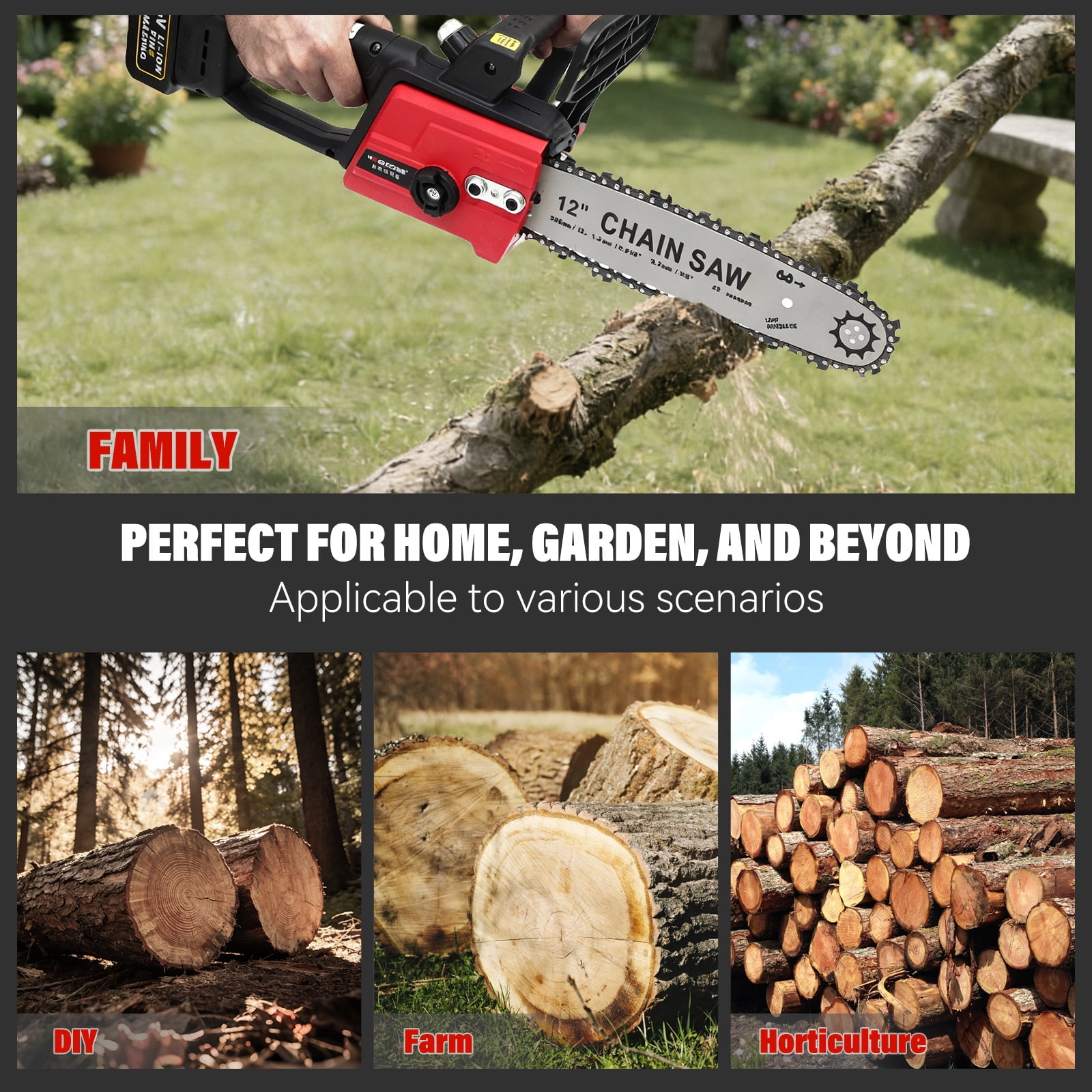 CATGOOD 12 inch Cordless Chainsaw, Electric Chainsaw with 21V 3.0Ah Battery and Charger, Battery Powered Chainsaw for Tree Trimming, Wood Cutting, 800W