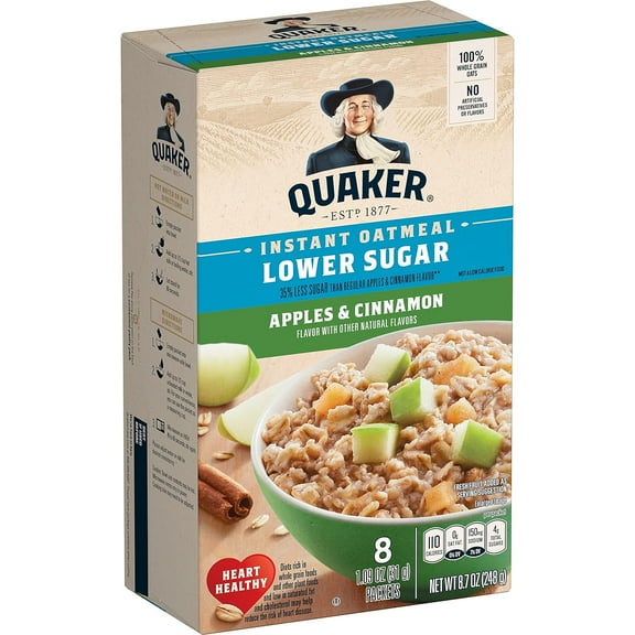 2 pack Quaker Instant Oatmeal Apple Cinnamon, Lower Sugar, 8 Count
