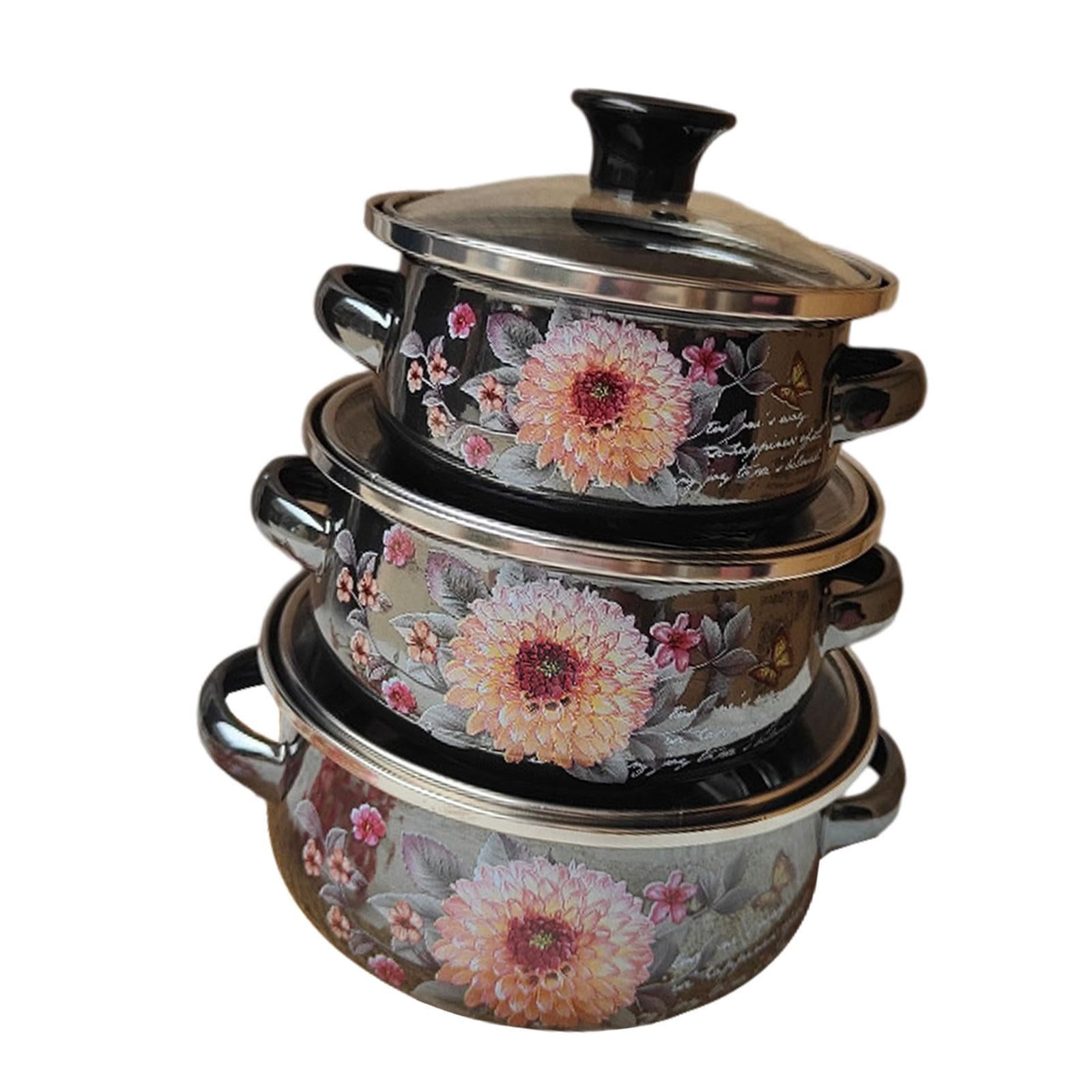 Dualoai 3x Enamel Stockpots Set Cookware Cooker Enamel Pots for Restaurant Home Gift