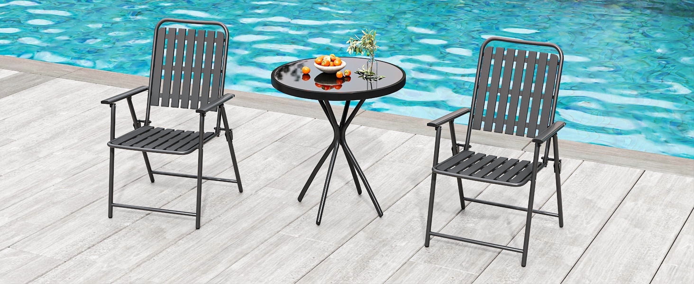 3-Piece Outdoor Patio Bistro Set with Foldable Chairs & Tempered Glass Table, 350 lb Capacity Weather-Resistant Metal Frame for Balcony Garden Terrace, Black