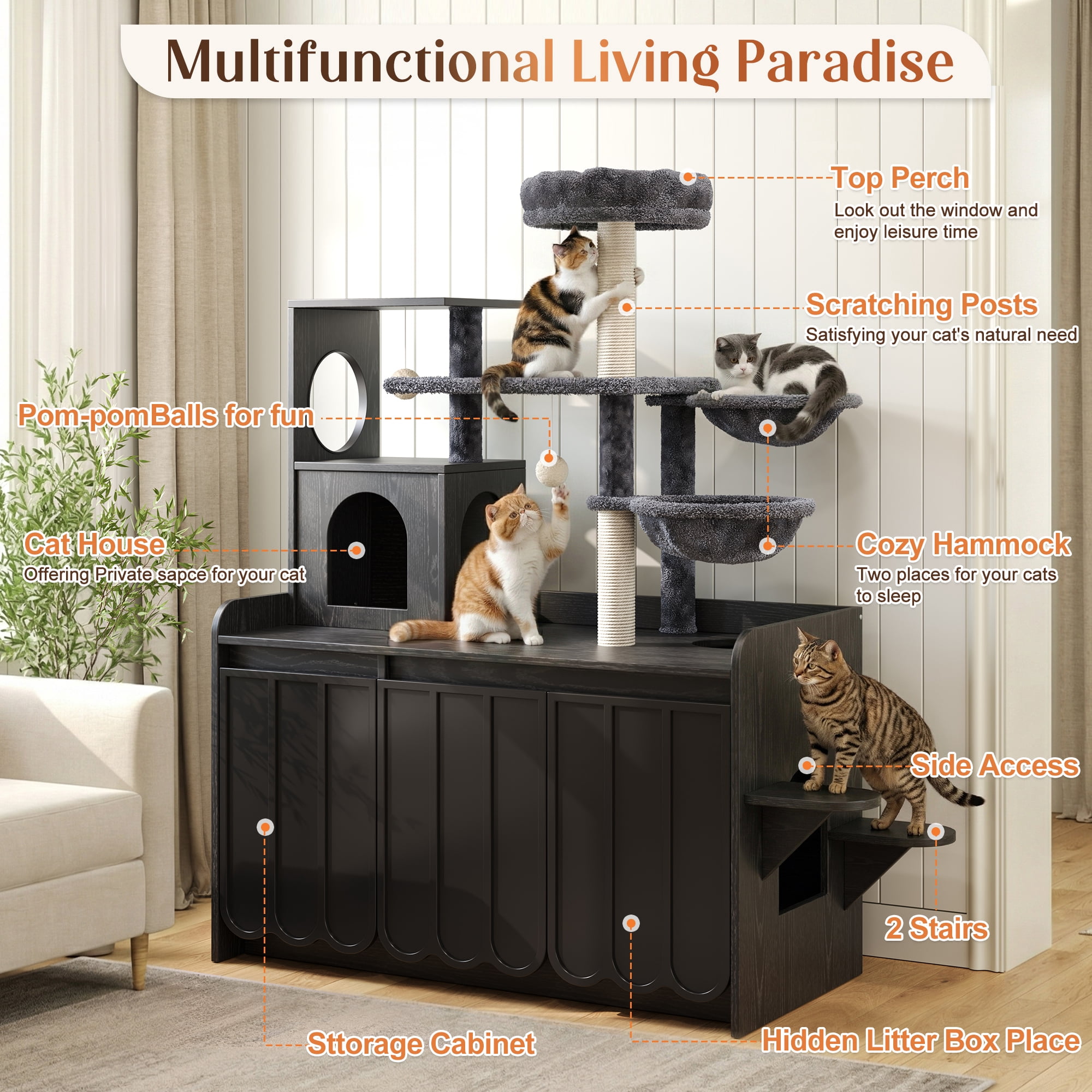 Euroco Cat Tree with Litter Box Enclosure, 59" Tall Modern Cat Tower with Sisal Scratching Post,Hammock,House,Perch & Storage Space,All-in-One Cat Condo,Hidden Cat Furniture,Black