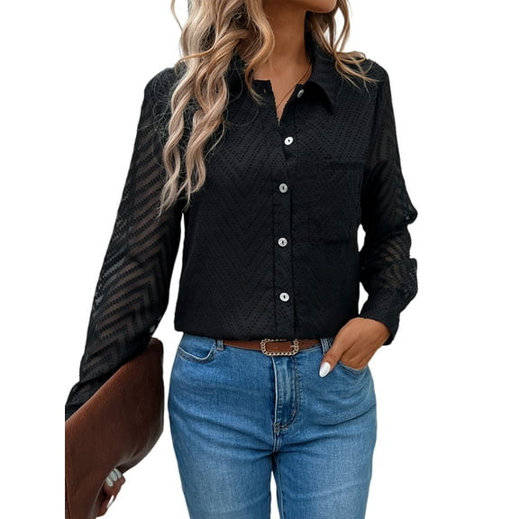 Women'S Button Down Shirts Long Sleeve V Neck Business Casual Plain Blouses Top Black S