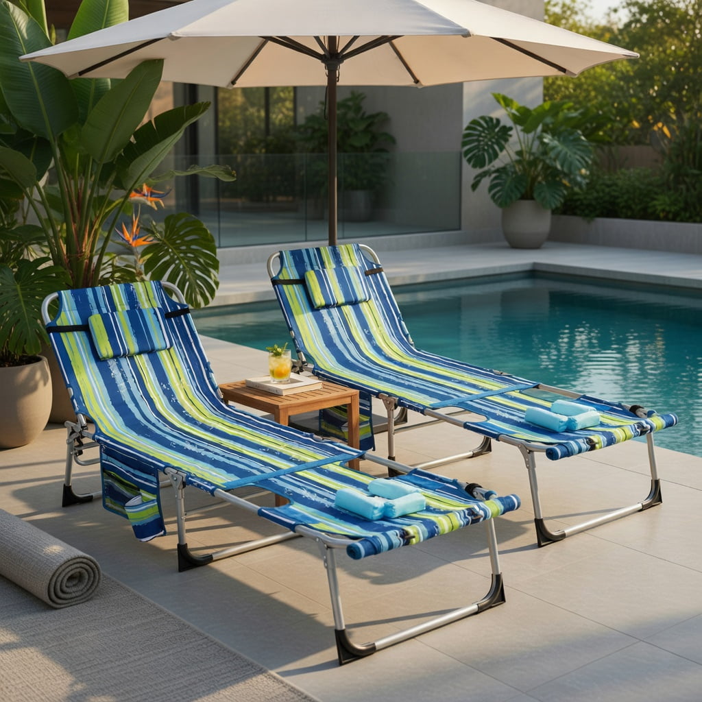 Hommoo 5-Position Adjustable Outdoor Folding Chaise Lounge Chair with Pillow, Lightweight, Portable & UV-Resistant, Blue & Green