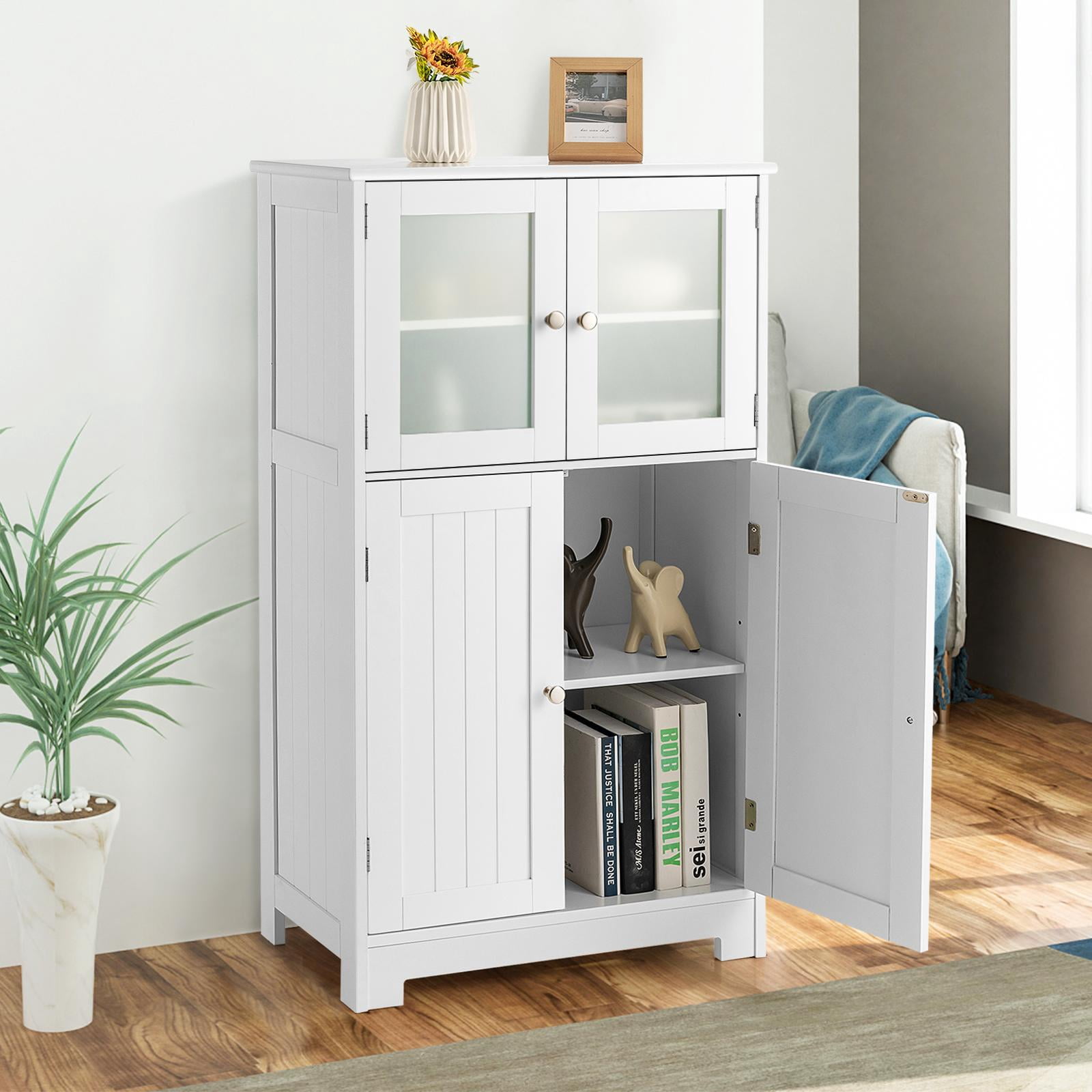 Giantex Bathroom Storage Cabinet w/Adjustable Shelf, Freestanding Wooden Floor Anti-toppling Device, Pantry Tempered Glass Doors for Kitchen Dining Room & Livingroom
