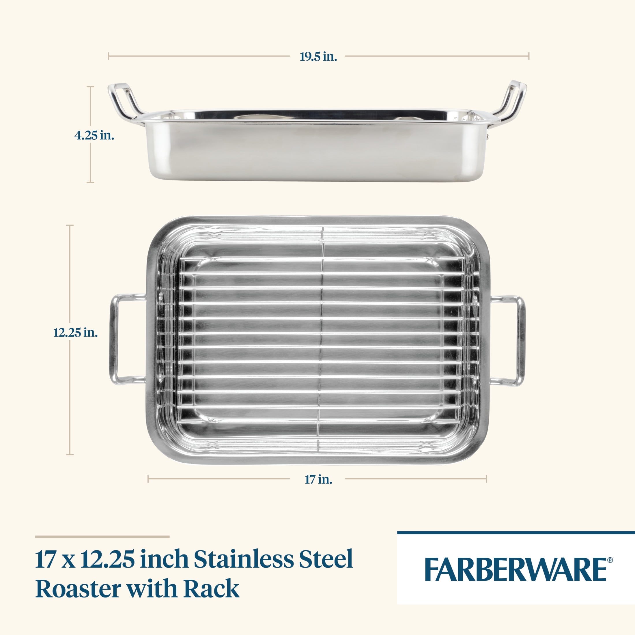 Original Box Vintage Farberware Roasting Pan With Rack, Stainless Steel  Open Turkey Roaster Casserole Baking Dish, 11x17 Inch, 766 