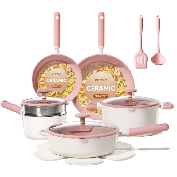 Open Box Carote 14-Piece Ceramic Nonstick Cookware Set with Steamer, Induction Compatible, Pink, 17430001892